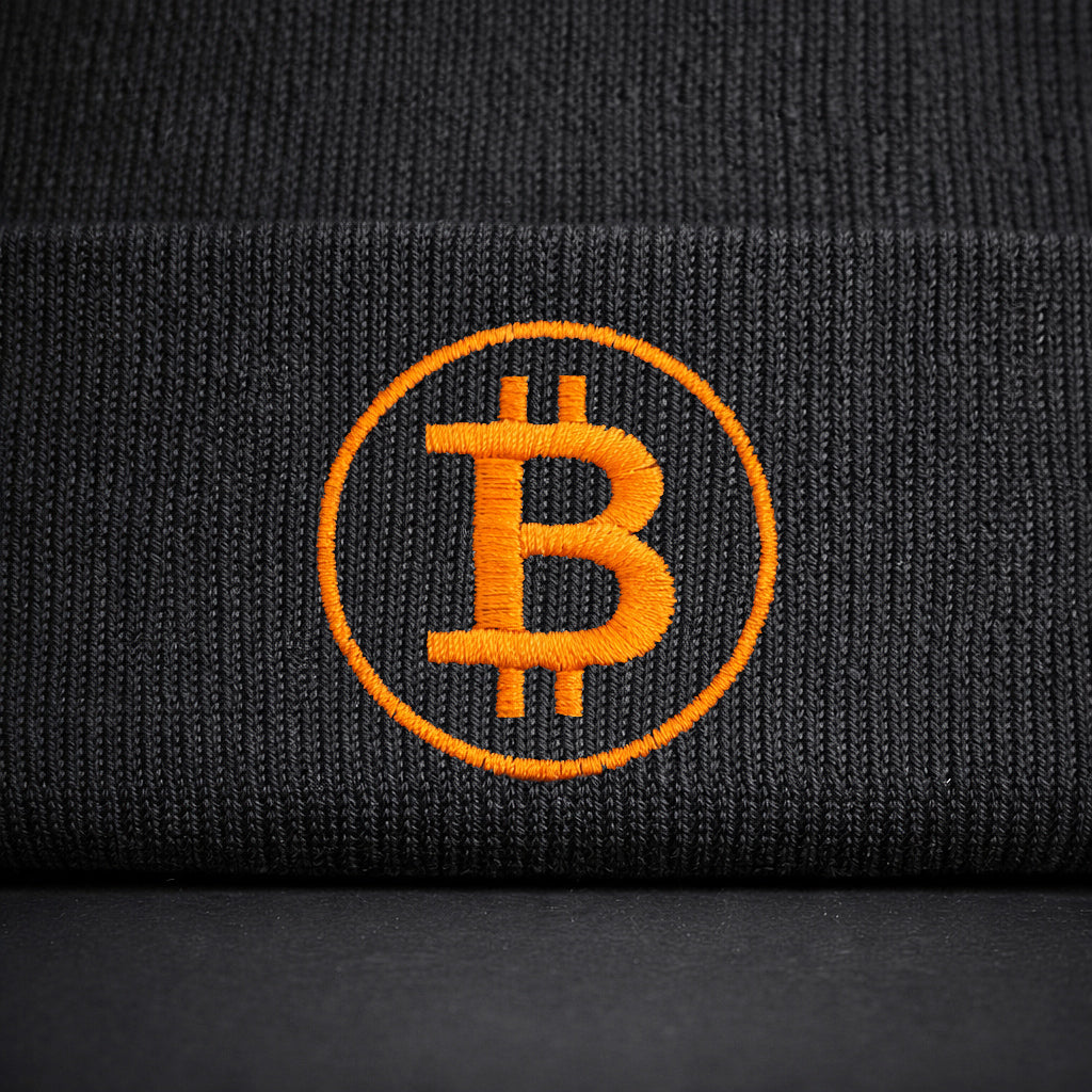 bitcoin beanie logo orange detail stick front hochwertig