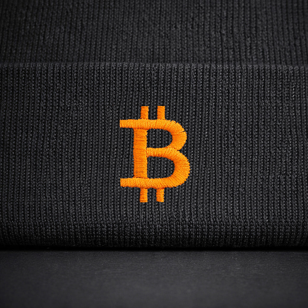 bitcoin beanie logo orange detail stick front hochwertig