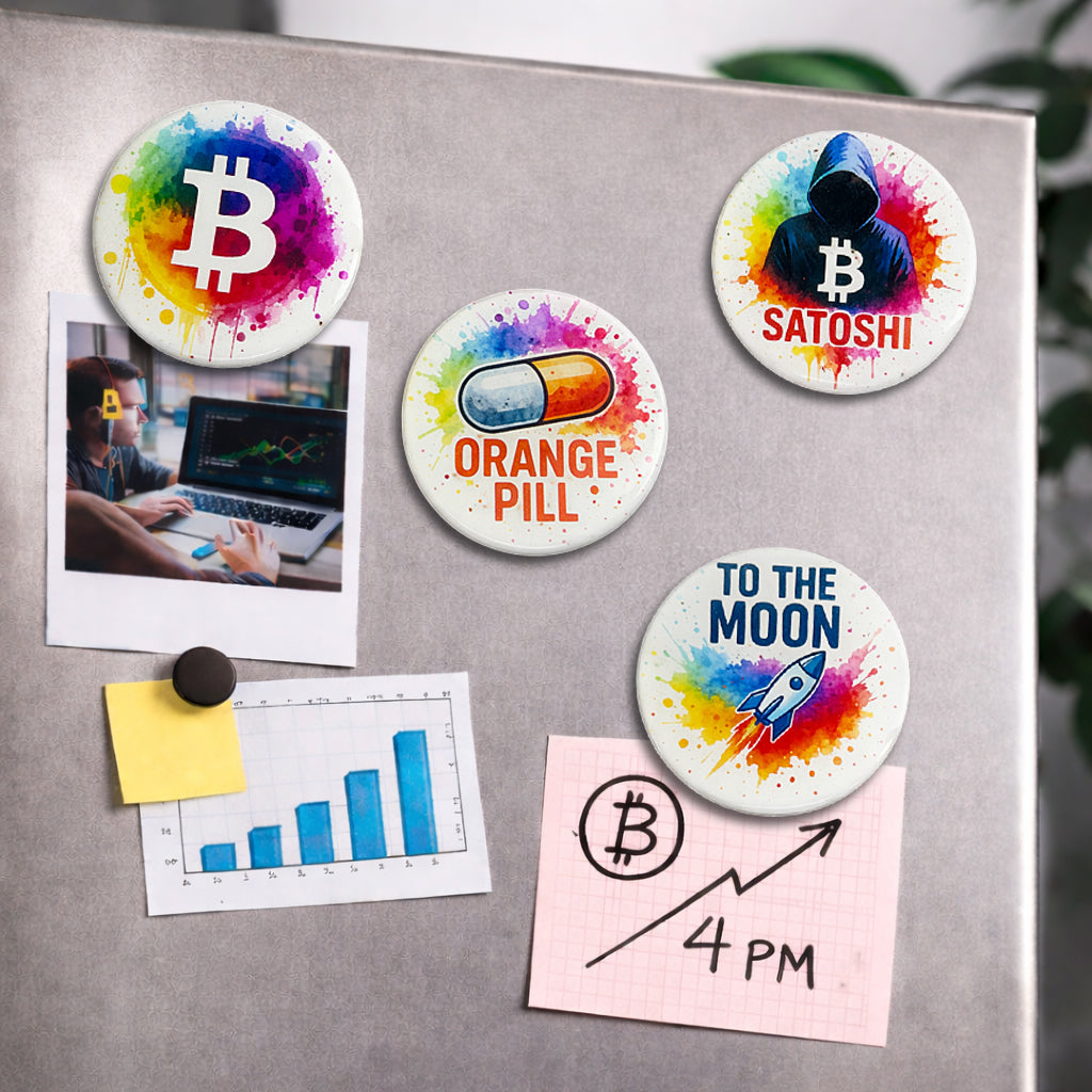 Bitcoin Magnet-Set Color Splash Edition an der Magnetwand