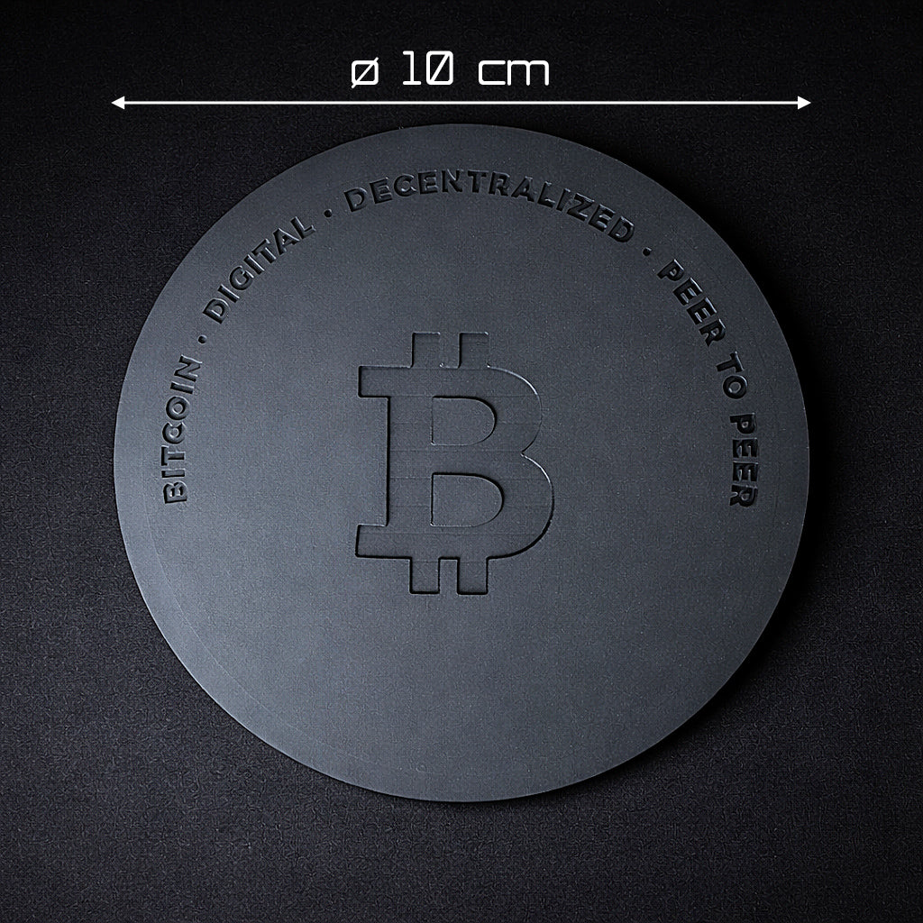 bitcoin untersetzer prägung detail pvc gummi schwarz rund bitcoin logo
