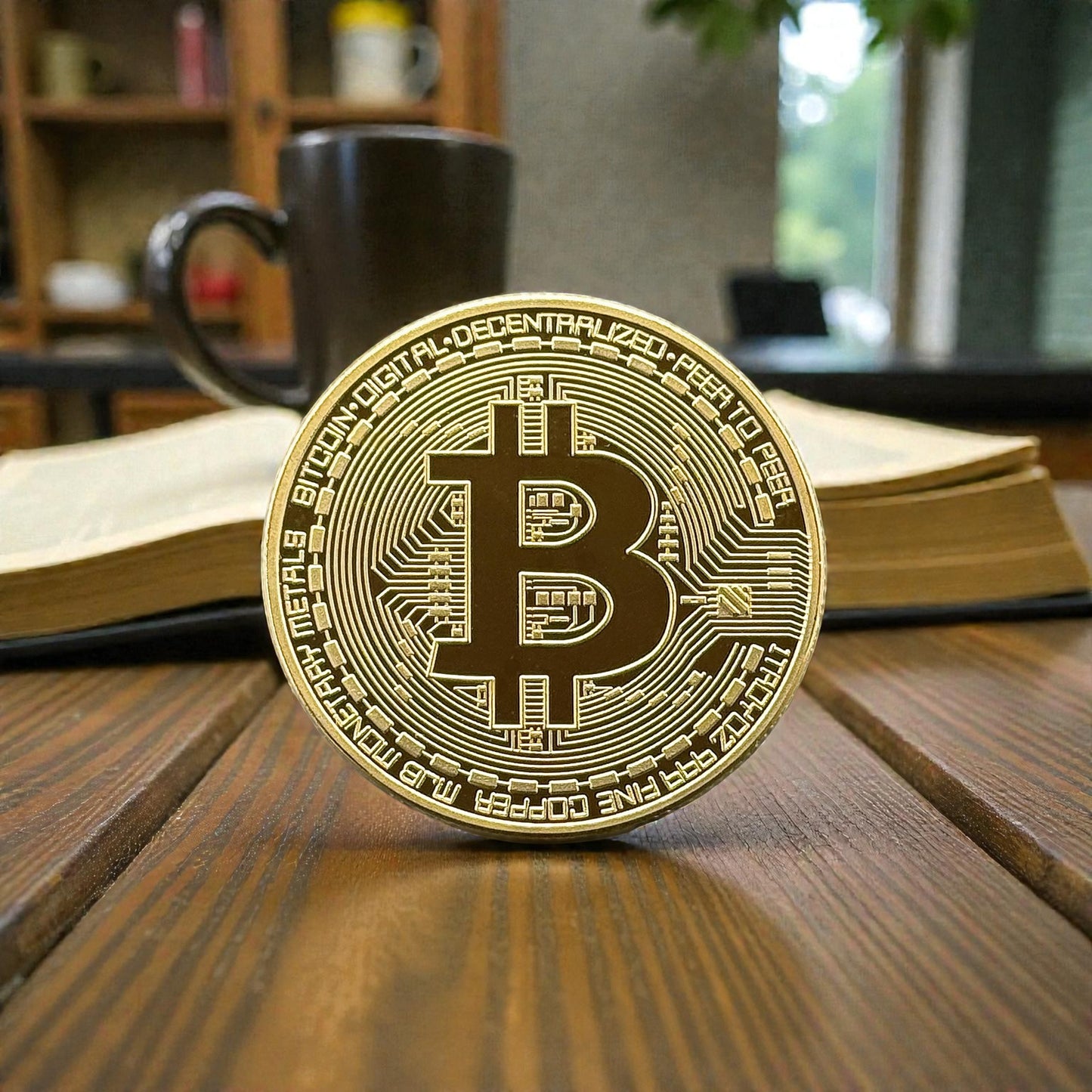 Goldene Bitcoin Münze auf Holzschreibtisch neben Buch und Kaffeetasse als Lifestyle-Szene