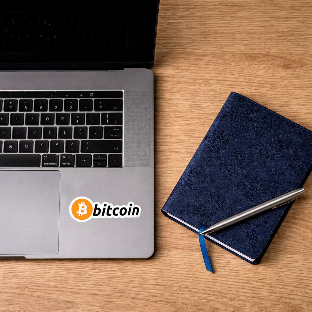 Laptop auf Schreibtisch mit Bitcoin Schriftzug Sticker