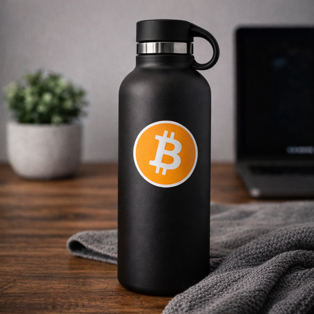 Thermoflasche mit Bitcoin Aufkleber