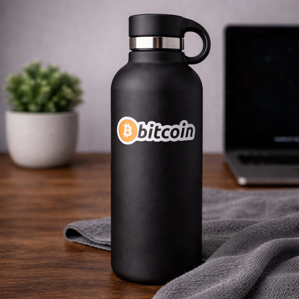 Bitcoin Sticker auf Thermo-Flasche