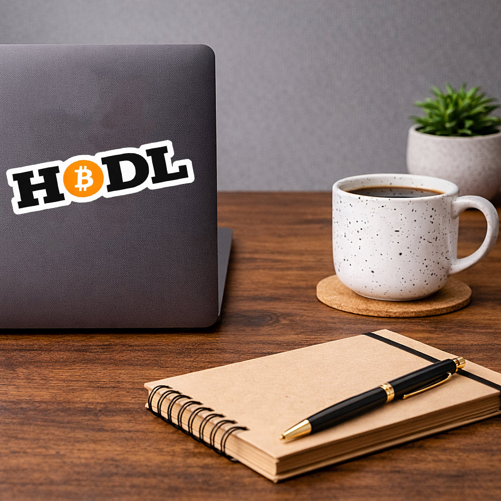 Laptop auf Schreibtisch mit HODL Aufkleber