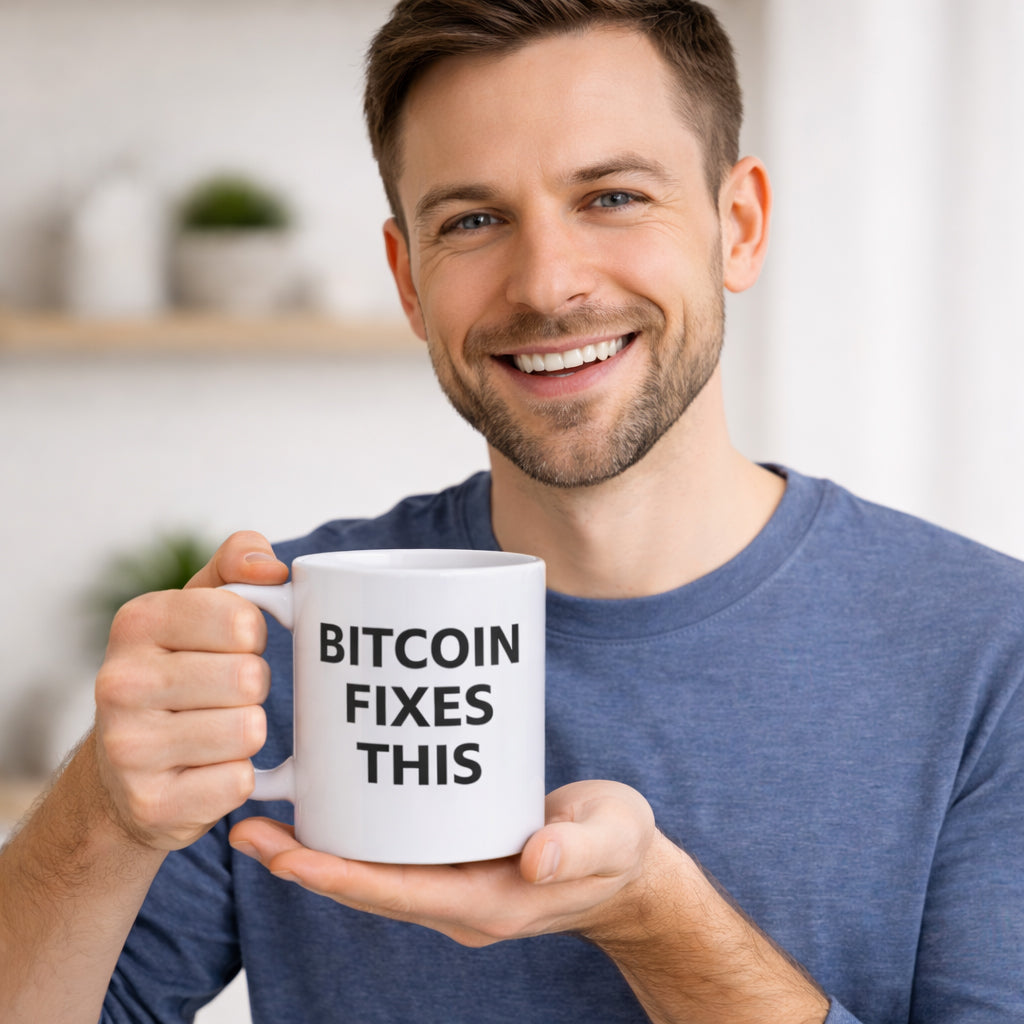 Mann hält weiße Bitcoin Tasse mit „Bitcoin Fixes This“