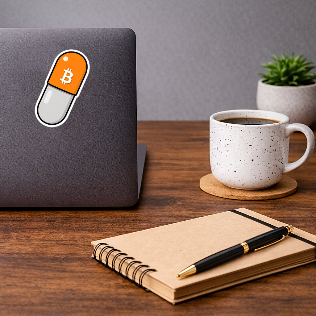 Orange Pilled Aufkleber auf Laptop