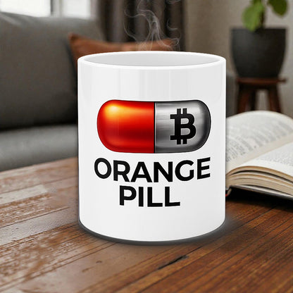 Couchtisch mit weißer Bitcoin Tasse mit Orange-Pill Design