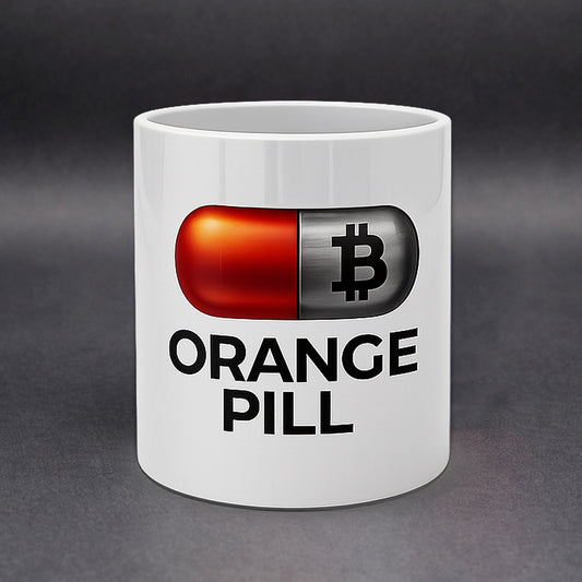 Weiße Bitcoin Tasse mit großer Orange-Pill und Schriftzug