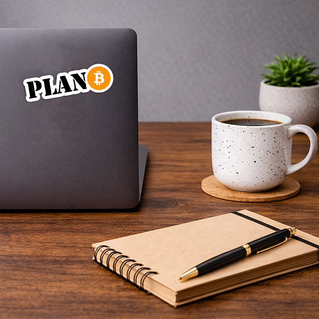 Laptop auf Schreibtisch mit PLAN B Aufkleber