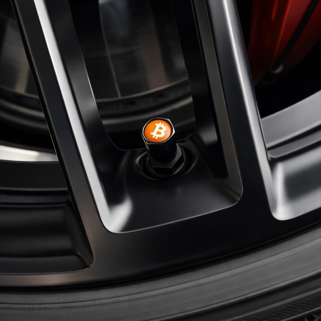 Schwarze Felge mit schwarzer Bitcoin Aluminium Ventilkappe
