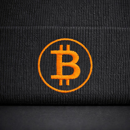 bitcoin beanie logo orange detail stick front hochwertig