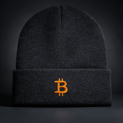 bitcoin beanie schwarz mit logo vorne minimalistisch premium winter muetze