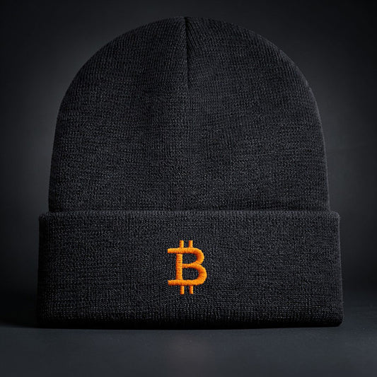bitcoin beanie schwarz mit logo vorne minimalistisch premium winter muetze