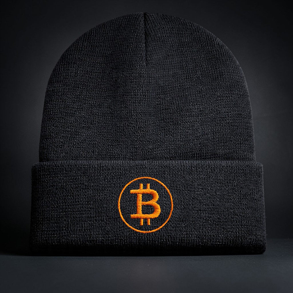 bitcoin beanie schwarz mit logo vorne minimalistisch premium winter muetze