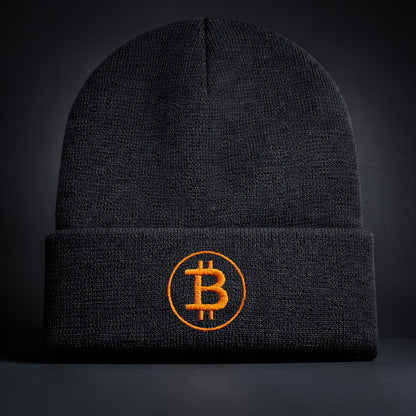 bitcoin beanie schwarz mit logo vorne minimalistisch premium winter muetze