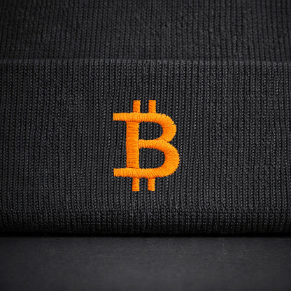bitcoin beanie logo orange detail stick front hochwertig