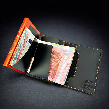 Echtledergeldbörse mit orangem Aluminium Kartenhalter, Münzfach auf der Rückseite und Scheine innen