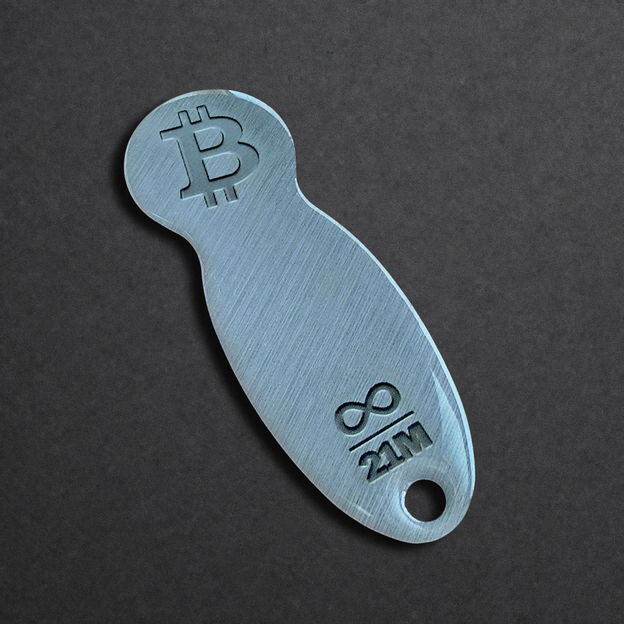 Detailaufnahme eines Bitcoin Einkaufswagenlösers aus Edelstahl in Edelstahl Optik in schräger Perspektive