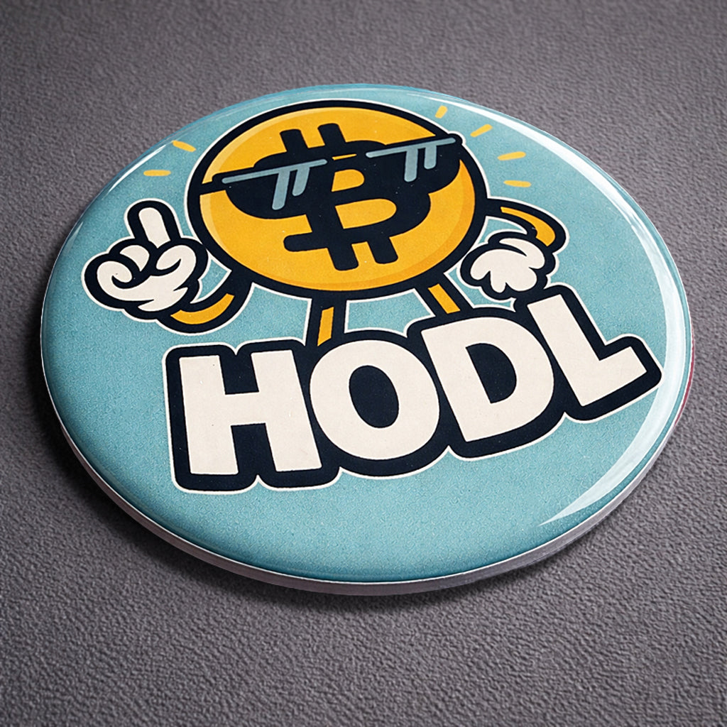 Bitcoin Kühlschrankmagnet „HODL“ mit BTC-Smiley im Comic-Stil