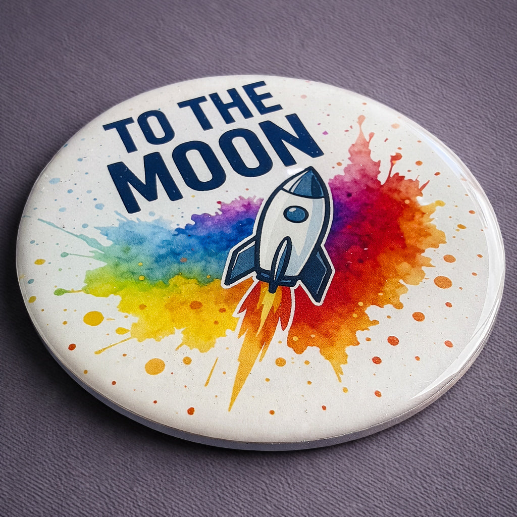 Bitcoin Kühlschrankmagnet „To the Moon“ mit Rakete – Color Splash Design