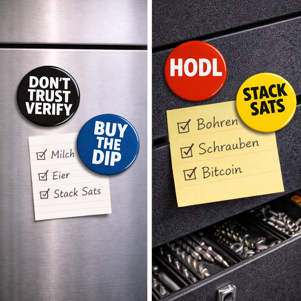 Bitcoin Magnet-Set Classic Edition am Kühlschrank