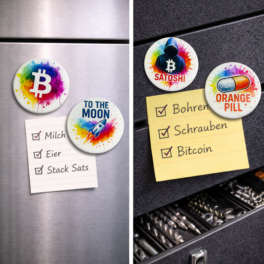 Bitcoin Magnet-Set Color Splash Edition am Kühlschrank