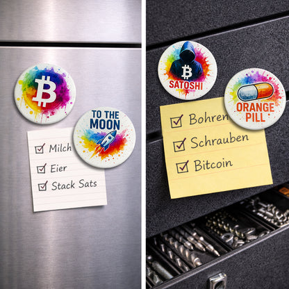 Bitcoin Magnet-Set Color Splash Edition am Kühlschrank