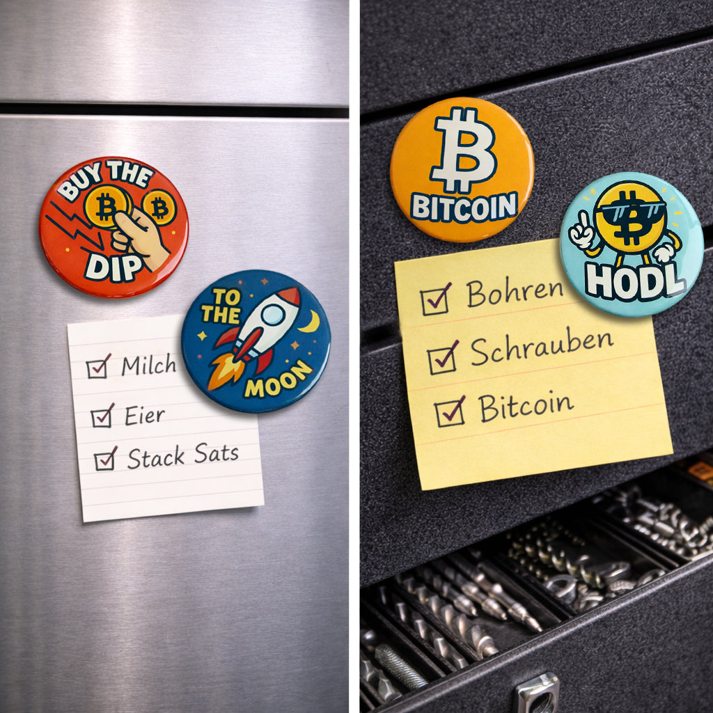 Bitcoin Magnet-Set Comic Edition am Kühlschrank