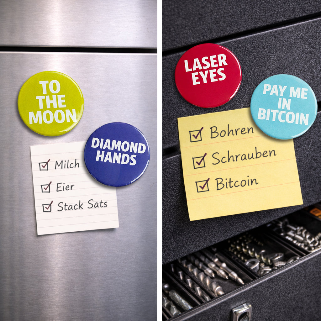 Bitcoin Magnet-Set Power Edition am Kühlschrank