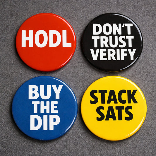 Bitcoin Magnet-Set Classic Edition mit vier klassischen Bitcoin-Sprüchen