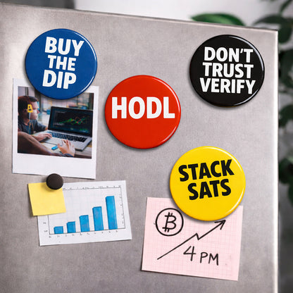 Bitcoin Magnet-Set Classic Edition an einer Magnetwand im Büro