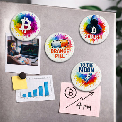 Bitcoin Magnet-Set Color Splash Edition an der Magnetwand
