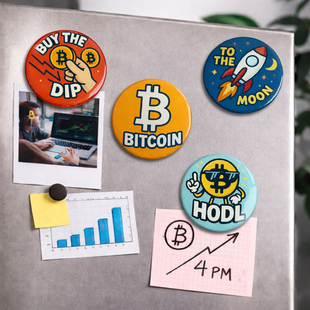 Bitcoin Magnet-Set Comic Edition an der Magnetwand im Büro 
