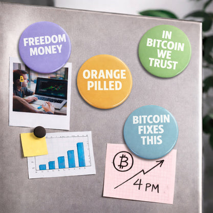 Bitcoin Magnet-Set Core Edition an der Magnettafel im Office