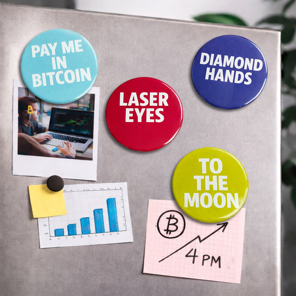 Bitcoin Magnet-Set Power Edition an einer Magnetwand im Büro