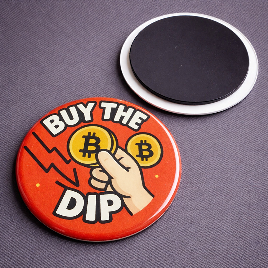 Bitcoin Kühlschrankmagnet „Buy the Dip“ im Comic-Stil