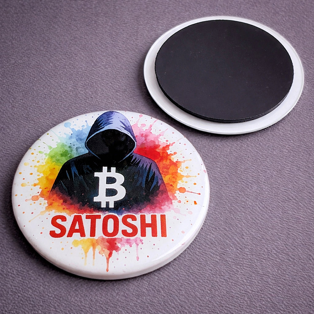Bitcoin Kühlschrankmagnet „Satoshi Nakamoto“ im Color Splash Stil