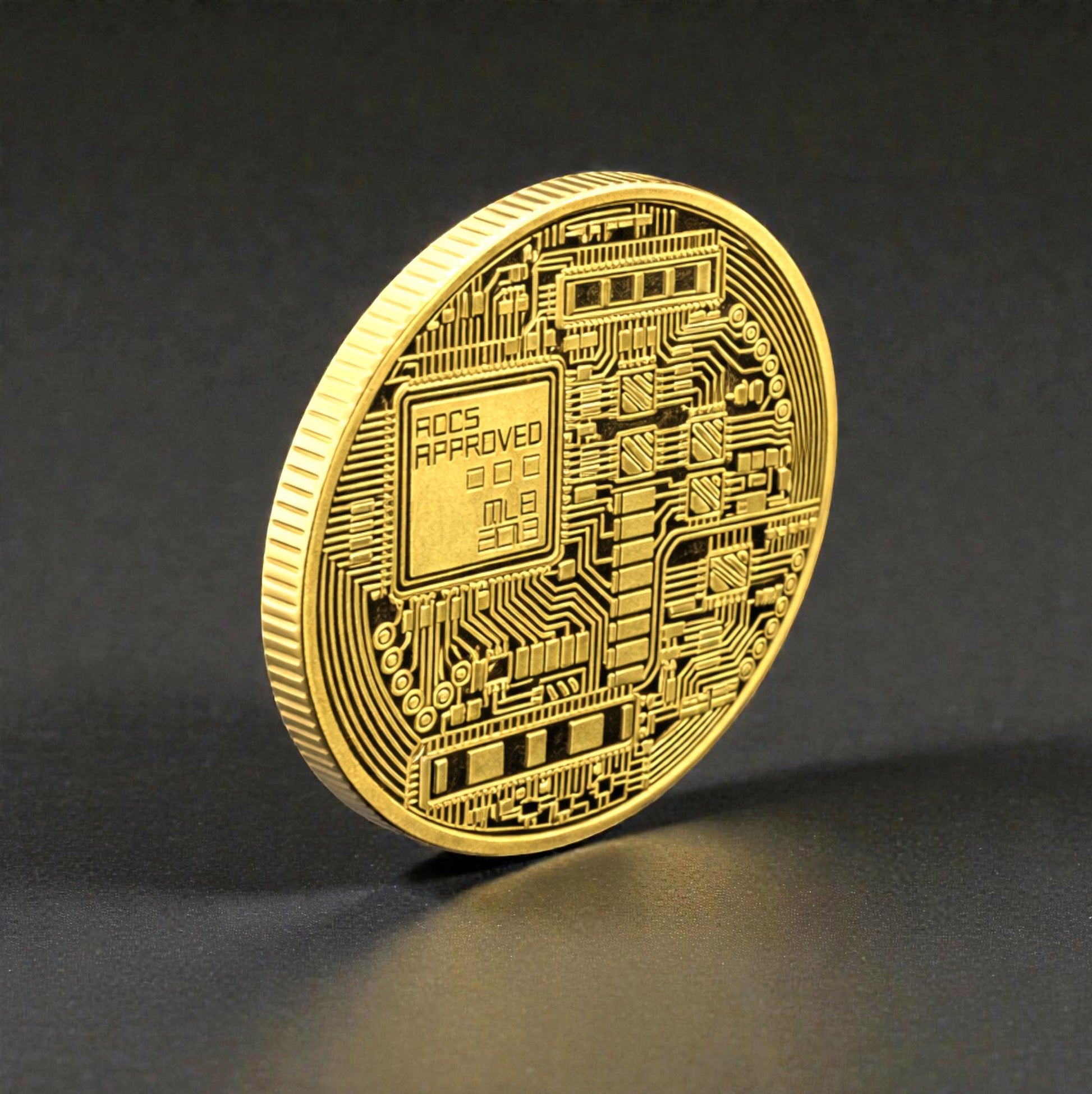 Rückseite der goldenen Bitcoin Münze mit Leiterbahn-Design, schräg fotografiert