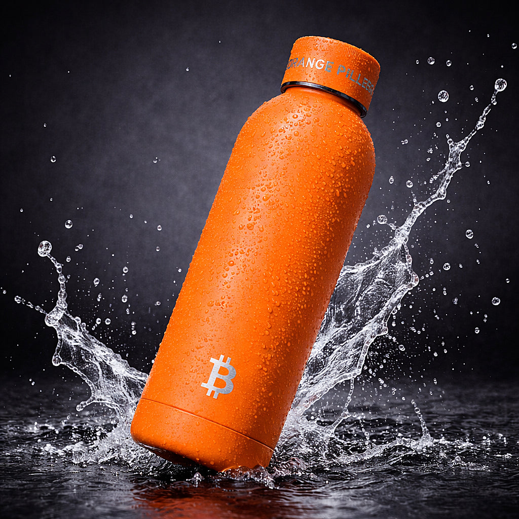 Bitcoin Thermoflasche orange matt mit Wasser und Tropfen Edelstahl 500 ml