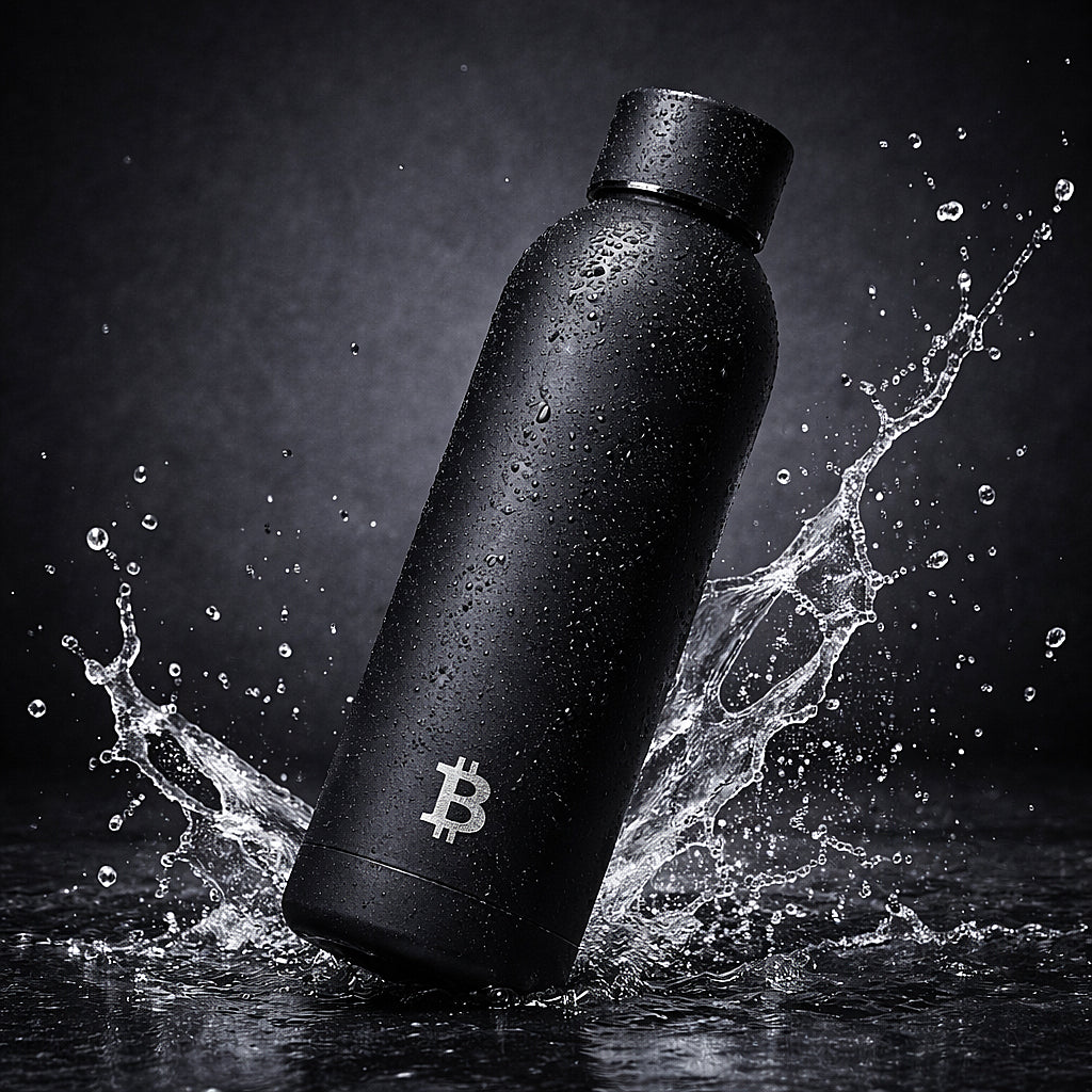 Bitcoin Thermoflasche schwarz matt mit Wasser und Kondenswasser Edelstahl 500 ml
