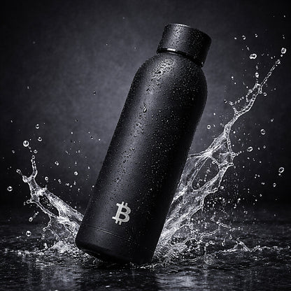 Bitcoin Thermoflasche schwarz matt mit Wasser und Kondenswasser Edelstahl 500 ml