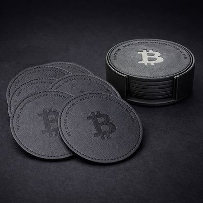 bitcoin untersetzer set 6er schwarz mit halter leder