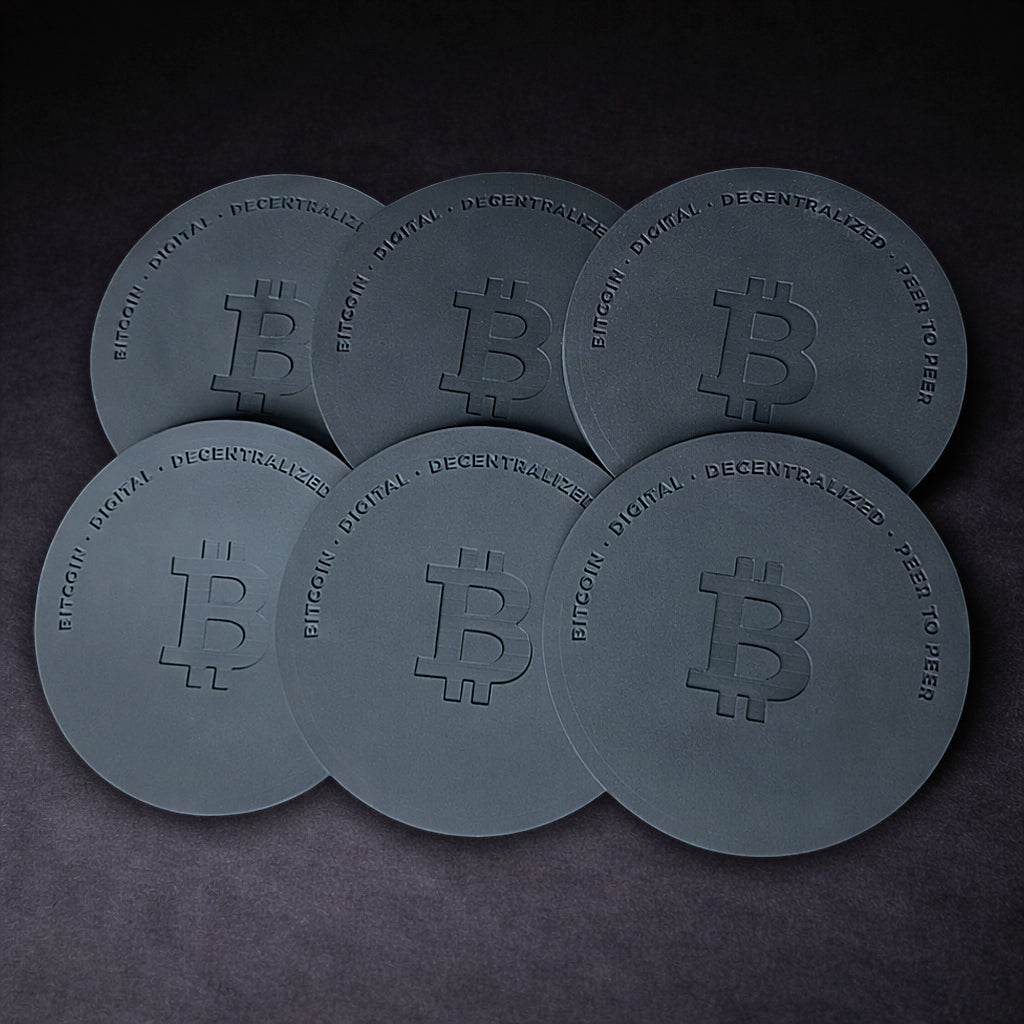 bitcoin untersetzer stapel 6er set schwarz seitenansicht gummi