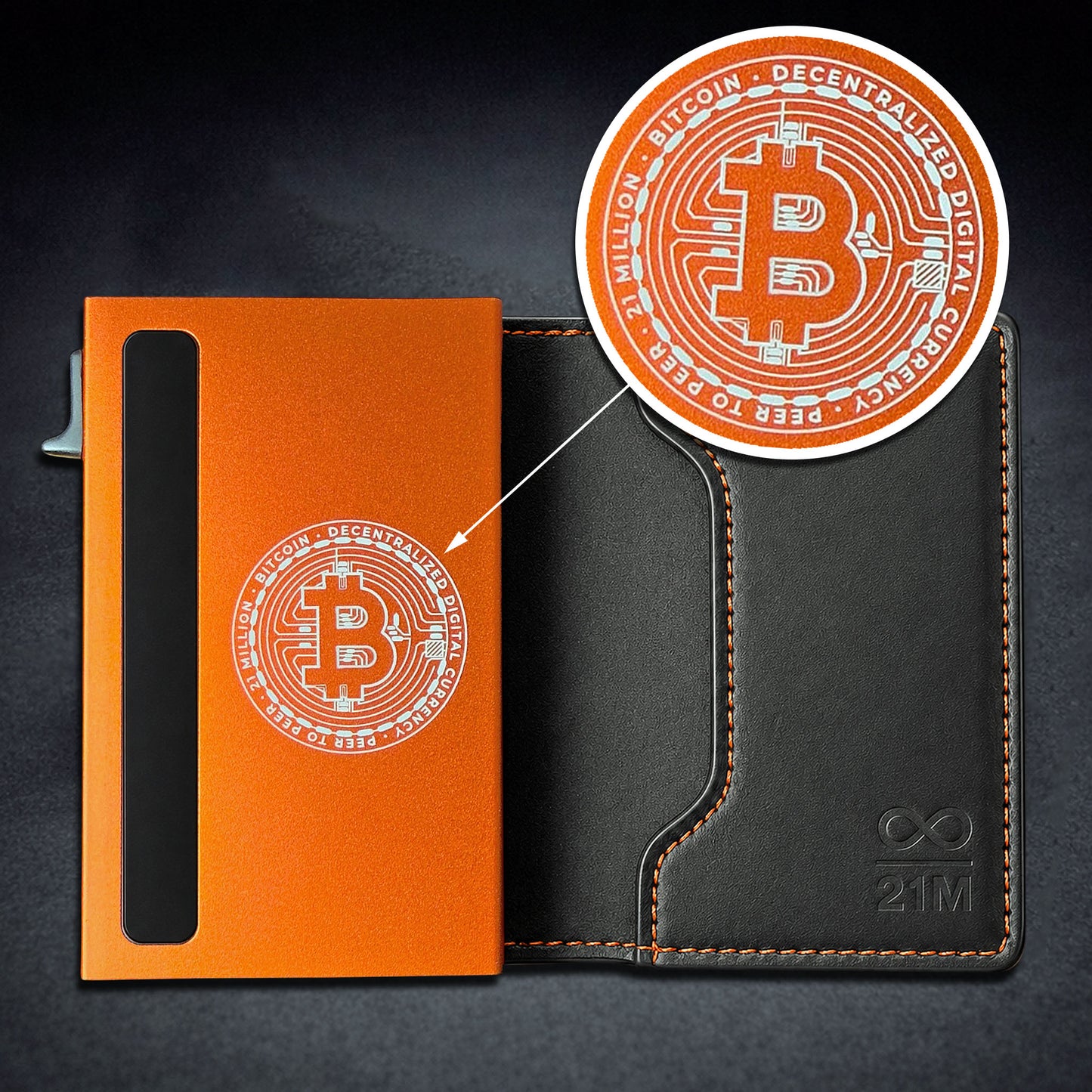 Schwarze Bitcoin Echtledergeldbörse mit orangem Aluminium Kartenhalter und eingraviertem BTC Digital Logo