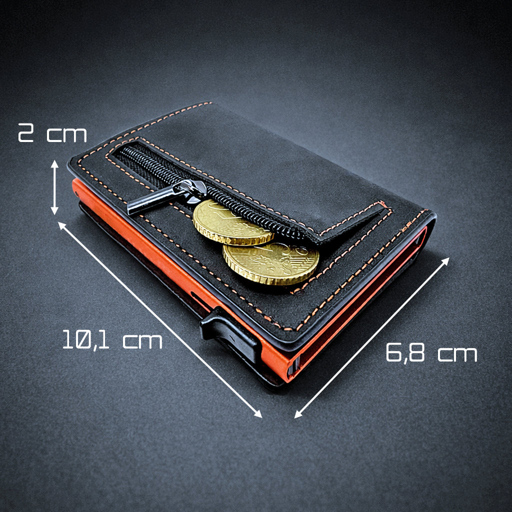 Premium Bitcoin Geldbörse aus schwarzem Leder mit orangefarbenem Alu-Case, RFID-Schutz und Münzfach hinten